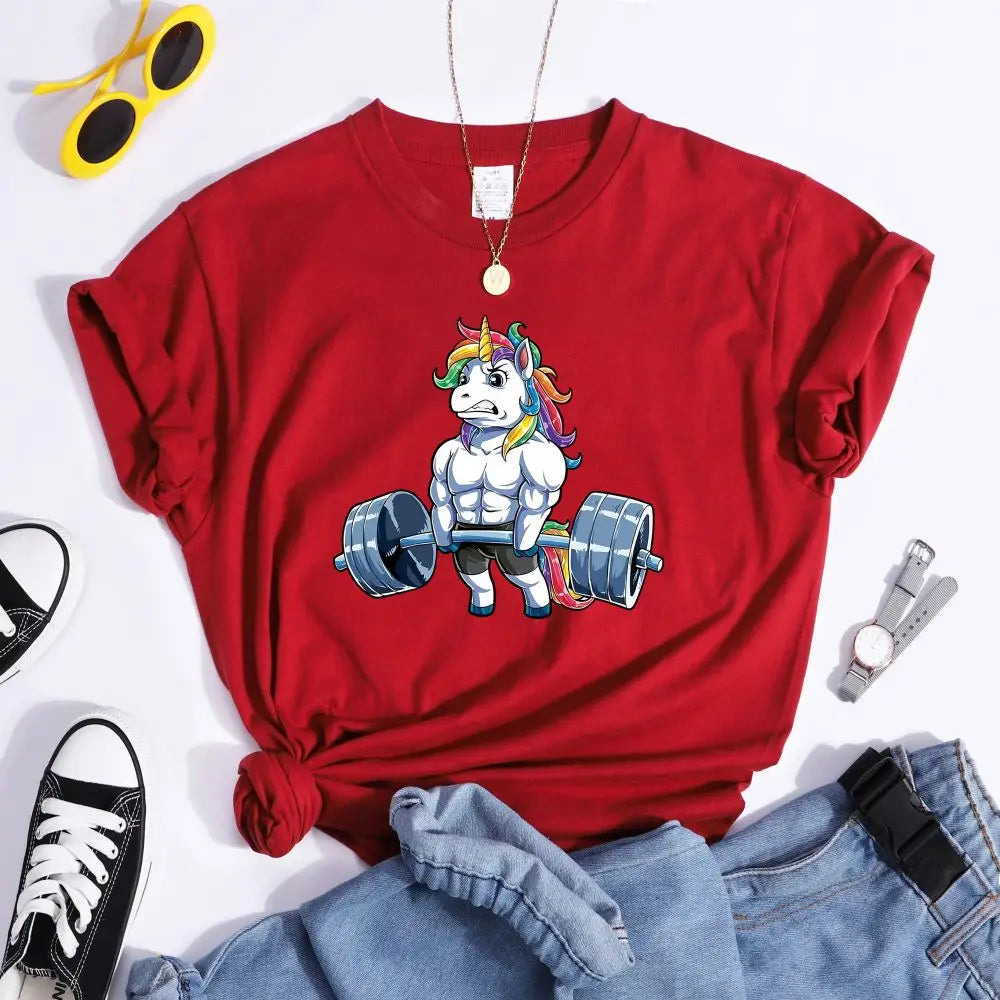 Funny Gym Unicorn Fitness Cute Prints Women T-shirt Summer Casual Short Sleeve Street Loose Breathable Tee Clothes