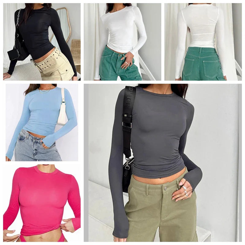Woman Clothing Long Sleeve T-shirt Slim Fit Tops Female O-Neck Close-fitting Tee Shirt Street Wear 2024 Y2K Qtraf 2408