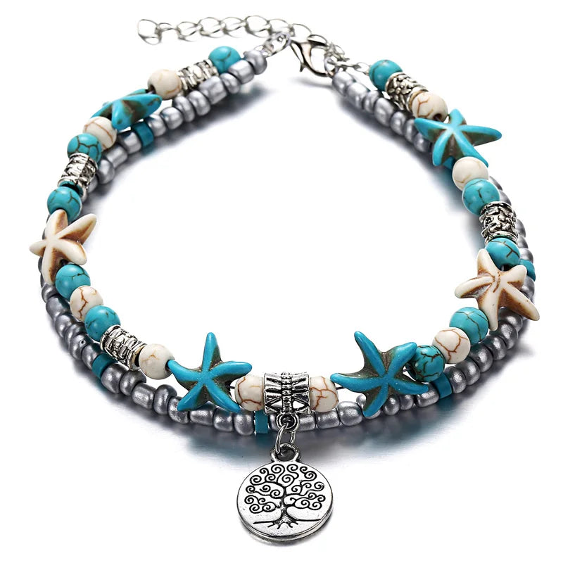 Boho Summer Beach Anklets For Women Turtle Shell Starfish Tree of Life Elephant Ankle Bracelet Multilayer Chain On Foot Jewelry