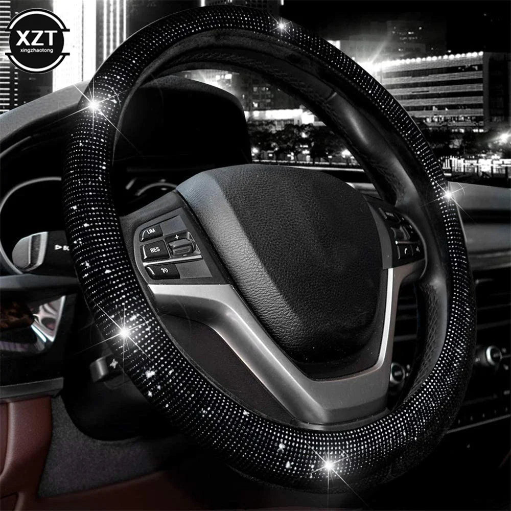 Universal 38CM Rhinestones Steering Wheel Cover with Crystal Diamond Sparkling Car Breathable Anti-Slip Steering Wheel Protector