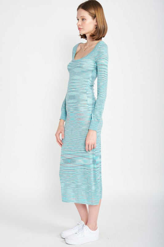 Scoop neck sweater midi dress in soft knit with long sleeves — cozy and stylish for cooler seasons or layered looks