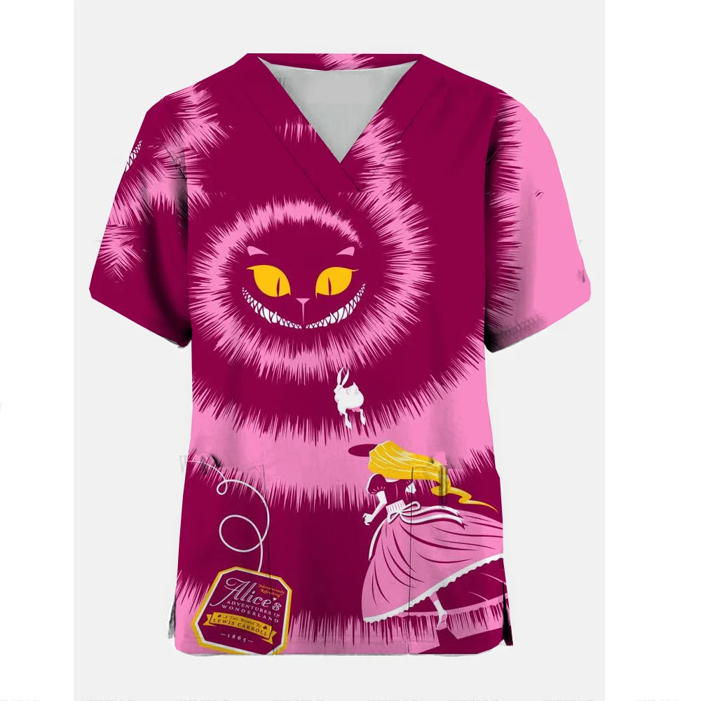 Disney Cheshire Cat Uniform Blouse Women Pullovers Nurse Uniform Working Casual Tops Scrub Nursing Nurse Medical Uniforms Shirts