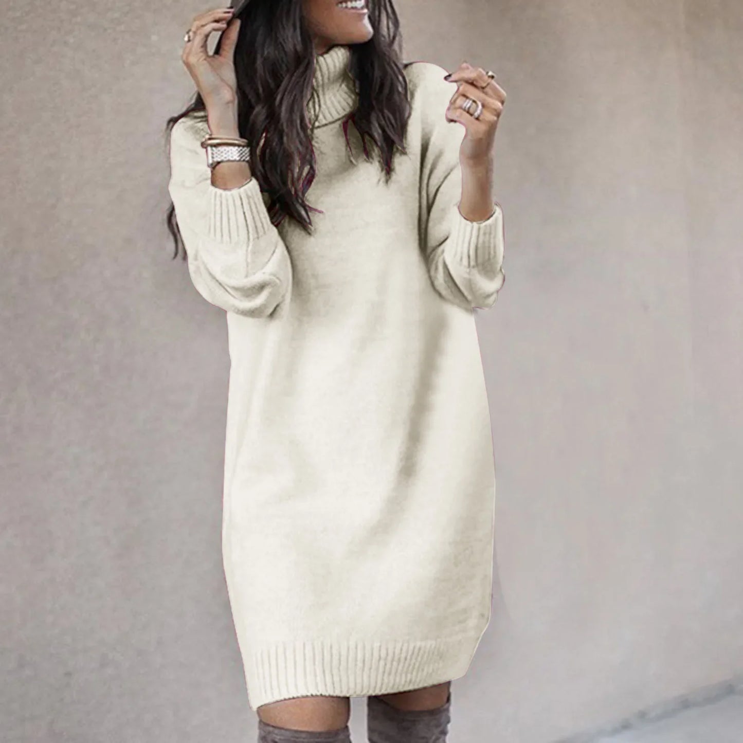 Women Fahsion Sweater Dress Autumn Solid Color Long Sleeve Turtleneck Pullover Mini Dresses Elegant Lady Knitted Party Vestidos