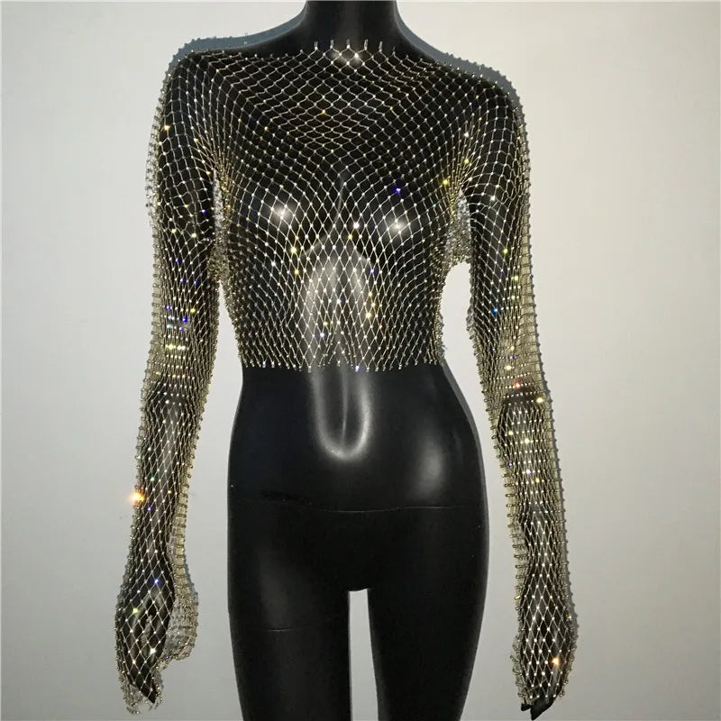 Autumn Women Sexy See Through Fishnet T Shirt Glitter Rhinestone Hollow Mesh Long Sleeve Crop Tops Nightclub Party Festival Top