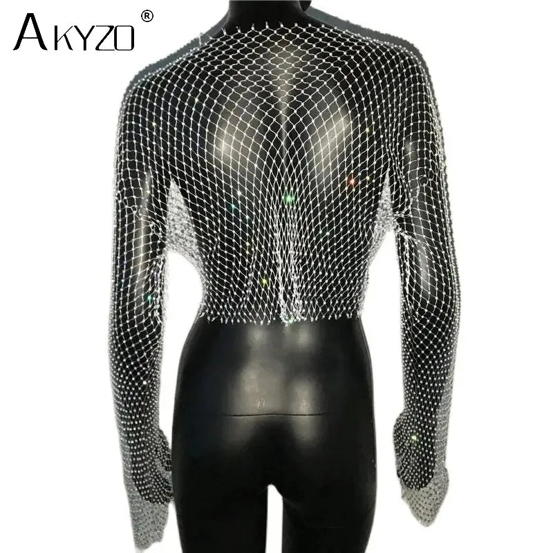 Autumn Women Sexy See Through Fishnet T Shirt Glitter Rhinestone Hollow Mesh Long Sleeve Crop Tops Nightclub Party Festival Top