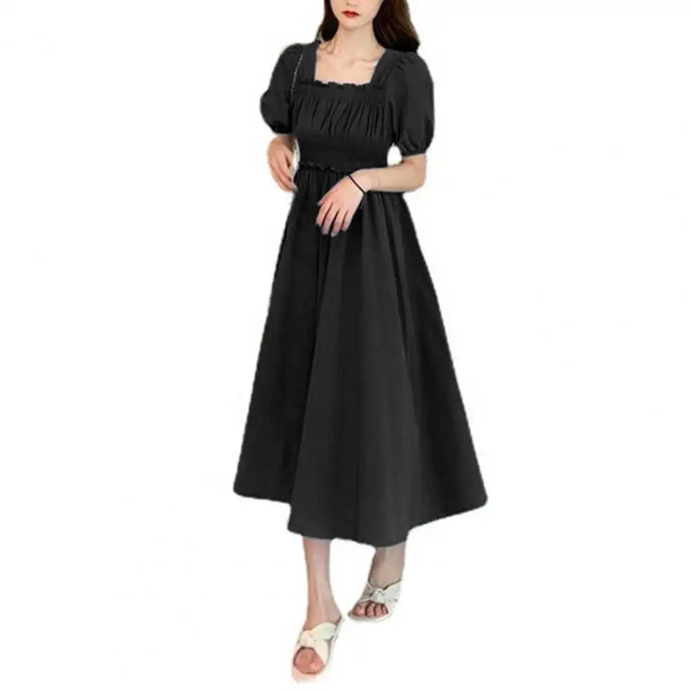 Women Summer Dress Square Neck Bubble Sleeve Shirring Elastic Bust A-line Dress Loose Hem Vintage Mic-calf Length Midi Dress
