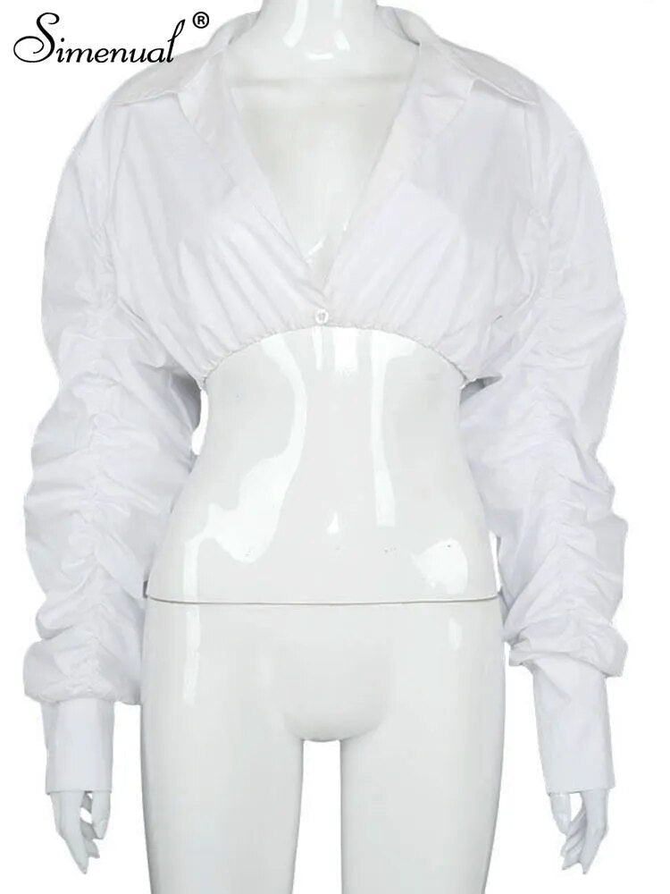 Simenual Button Ruched White Puff Sleeve Blouse Shirts Women Long Sleeved Fashion Fall 2021 Clothing Crop Blouses Solid Baddie