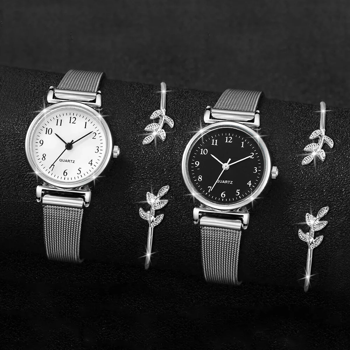 4PCS/Set Women's Watches Fashion Small Quartz Watch Casual Silver Band Wristwatches Bracelets(Without Box)