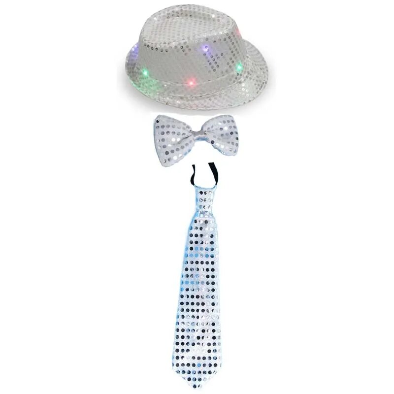 Kids Adult LED Light Up Tie Sequin Jazz Fedora Hat Flashing Neon Party Gift Costume Cap Birthday Wedding Halloween Christmas