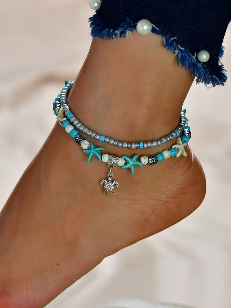 Boho Summer Beach Anklets For Women Turtle Shell Starfish Tree of Life Elephant Ankle Bracelet Multilayer Chain On Foot Jewelry