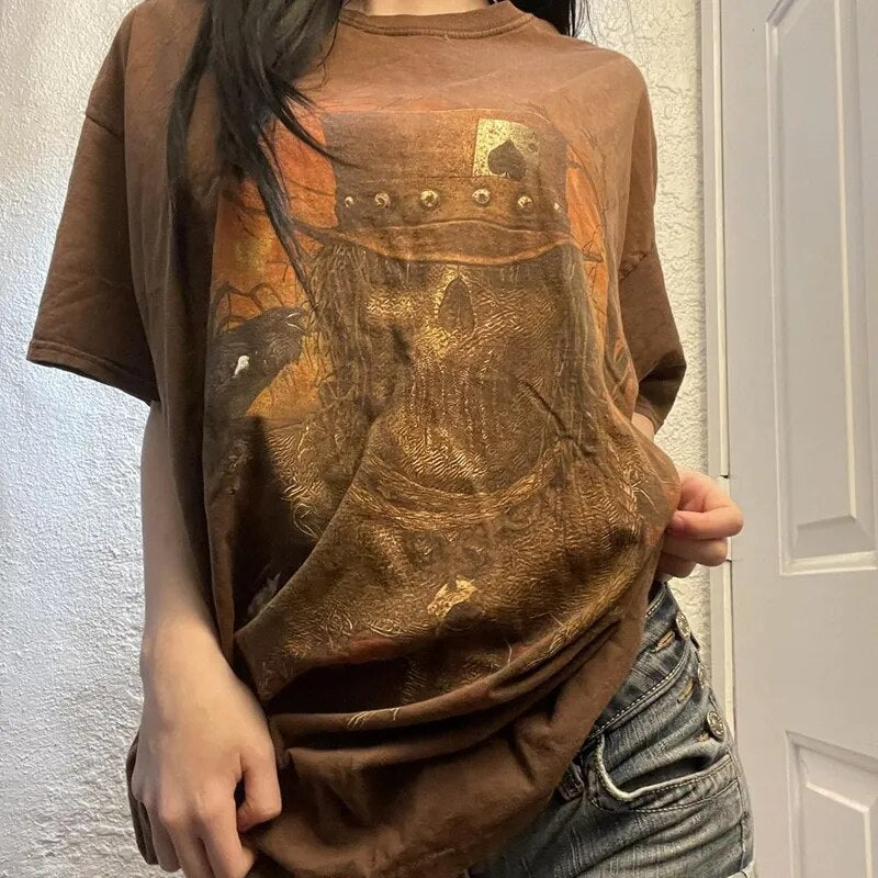 E Girl Graphic Short Sleeve Tops Gothic Skulls Print T Shirt Tees Harajuku Grunge Vintage Pullovers Y2K Retro Mall Goth Clothes