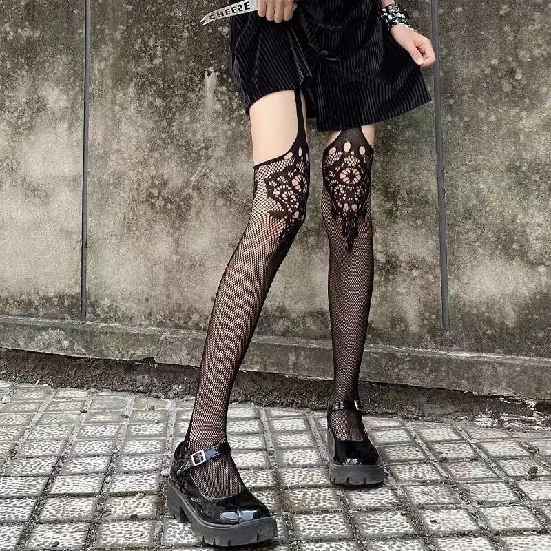 Lolita Cute Pentacle Print Tights Women Sexy Gothic Punk Magical Five-Pointed Star Mesh Fish Net Pantyhose Body Stockings