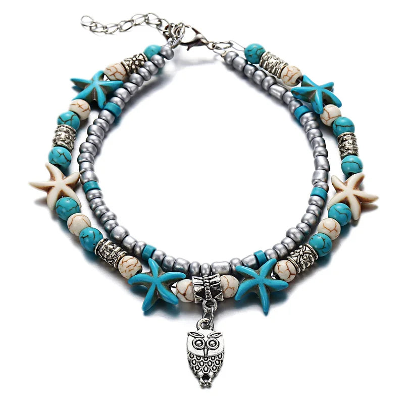 Boho Summer Beach Anklets For Women Turtle Shell Starfish Tree of Life Elephant Ankle Bracelet Multilayer Chain On Foot Jewelry