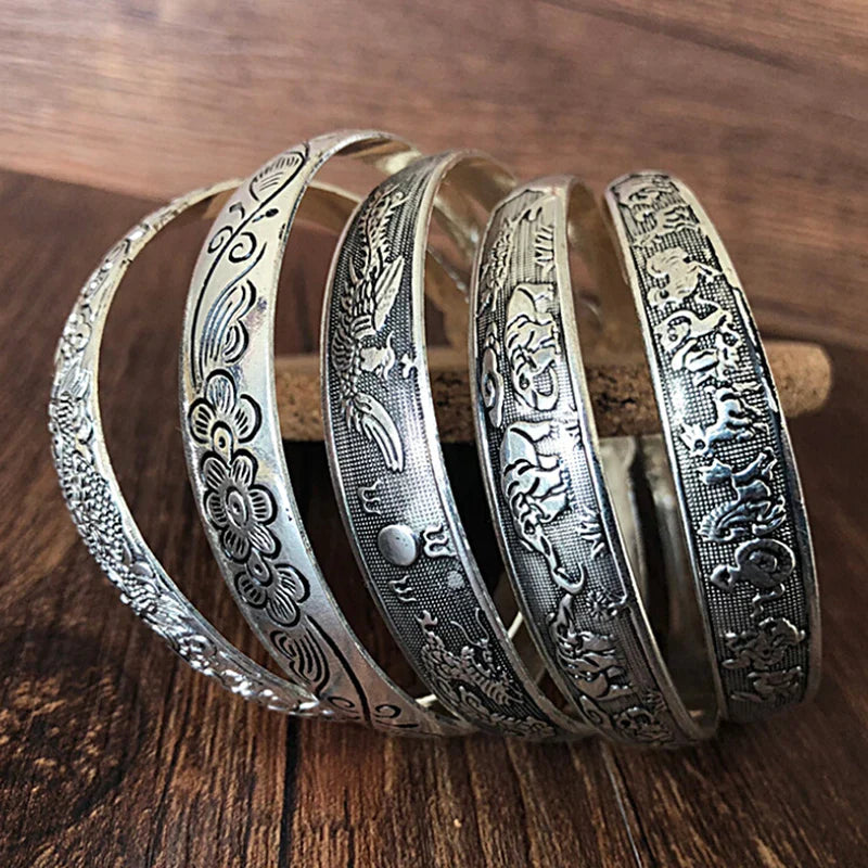 Retro Opening Bracelet Jewelry Vintage Tibetan Silver Totem Carved Bangle Cuff