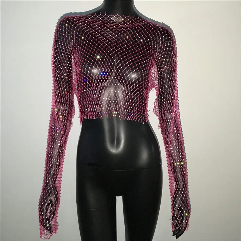 Autumn Women Sexy See Through Fishnet T Shirt Glitter Rhinestone Hollow Mesh Long Sleeve Crop Tops Nightclub Party Festival Top