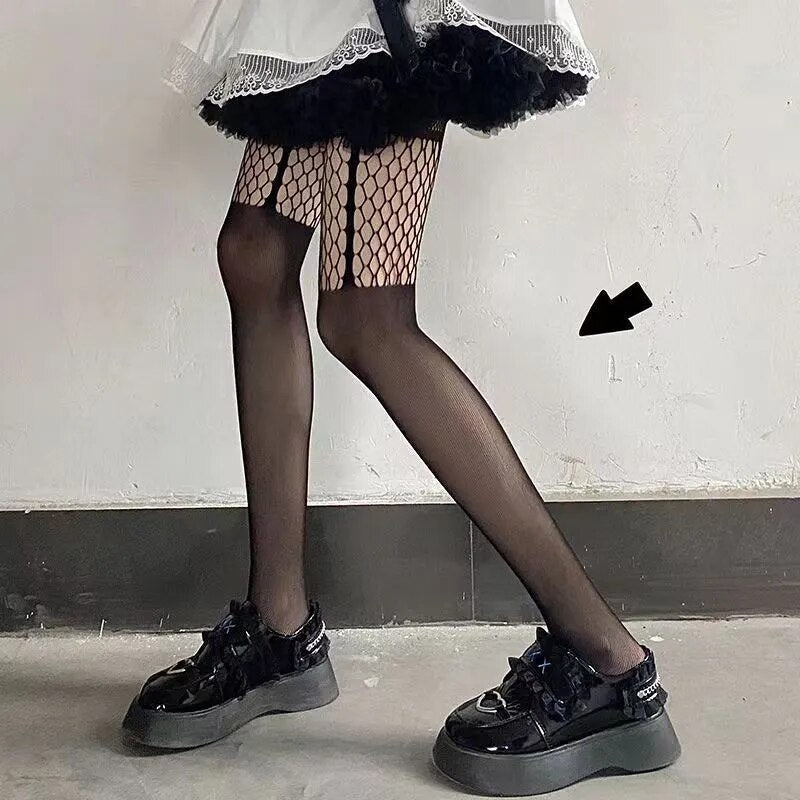 Lolita Cute Pentacle Print Tights Women Sexy Gothic Punk Magical Five-Pointed Star Mesh Fish Net Pantyhose Body Stockings