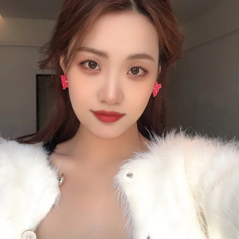 Modern Jewelry 925 Silver Needle Red Flower Earrings Spring Summer Style Popular Design Big Stud Earrings For Women Girl Gift