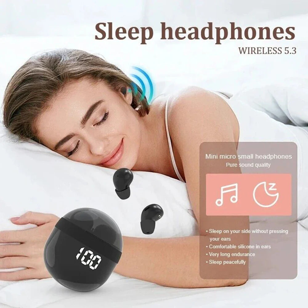 SK18 Mini Invisible Headphones Wireless Bluetooth 5.3 Headphones Bass Sleeping Headphones with Microphone Noise Cancellation HD