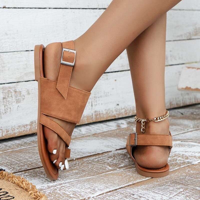 Summer New Roman Sandals Girls Pullover Toe Buckle Flat Beach Womens Shoes Retro Brown Narrow Band Sandals Plus Size 35~43