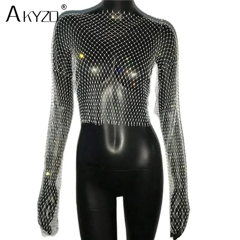 Autumn Women Sexy See Through Fishnet T Shirt Glitter Rhinestone Hollow Mesh Long Sleeve Crop Tops Nightclub Party Festival Top