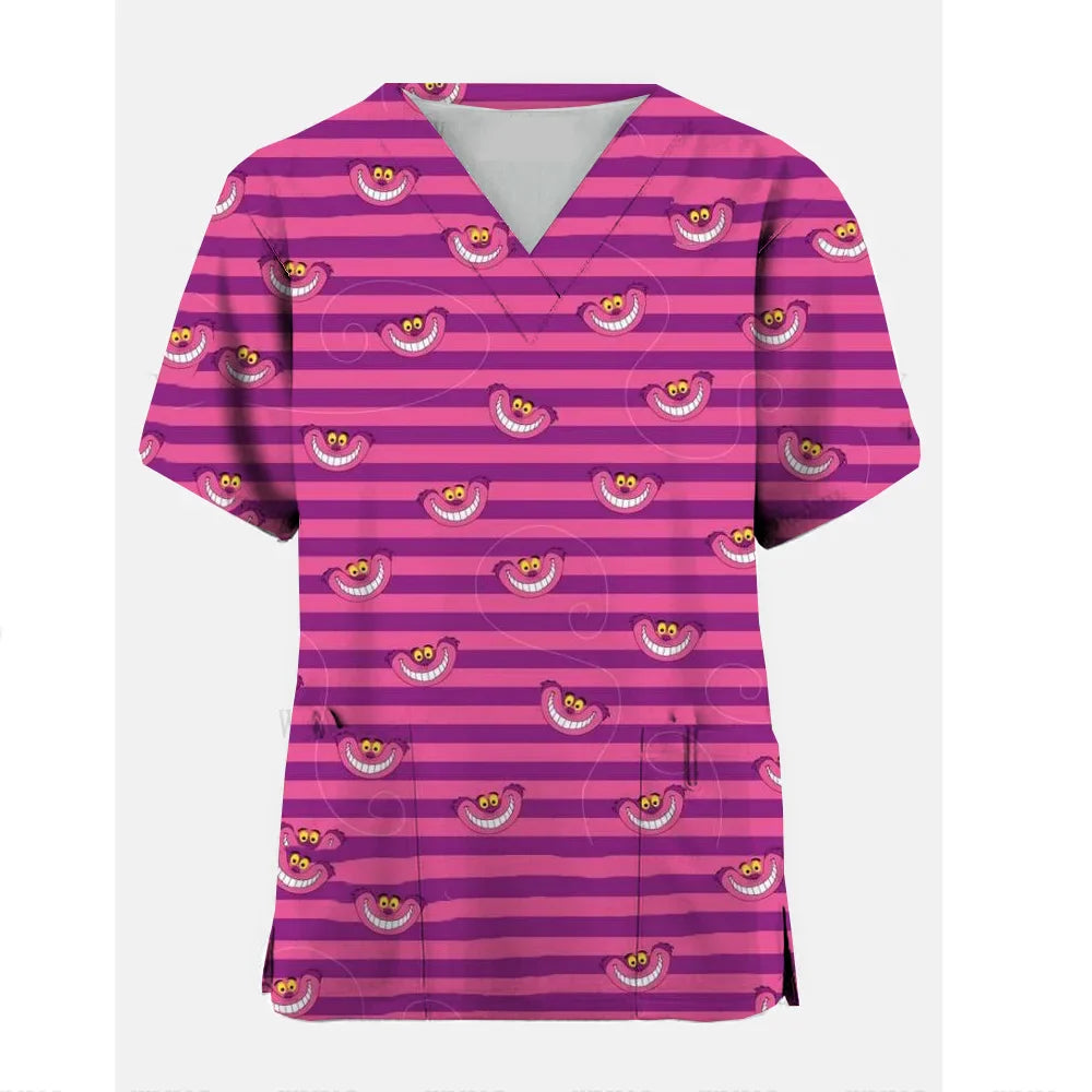 Disney Cheshire Cat Uniform Blouse Women Pullovers Nurse Uniform Working Casual Tops Scrub Nursing Nurse Medical Uniforms Shirts