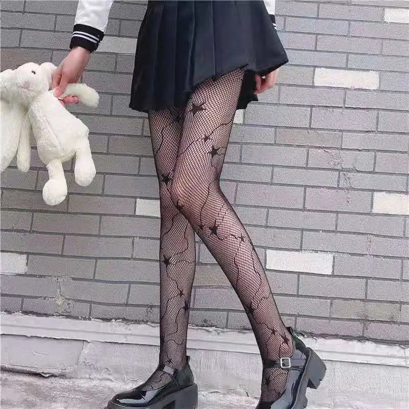 Lolita Cute Pentacle Print Tights Women Sexy Gothic Punk Magical Five-Pointed Star Mesh Fish Net Pantyhose Body Stockings