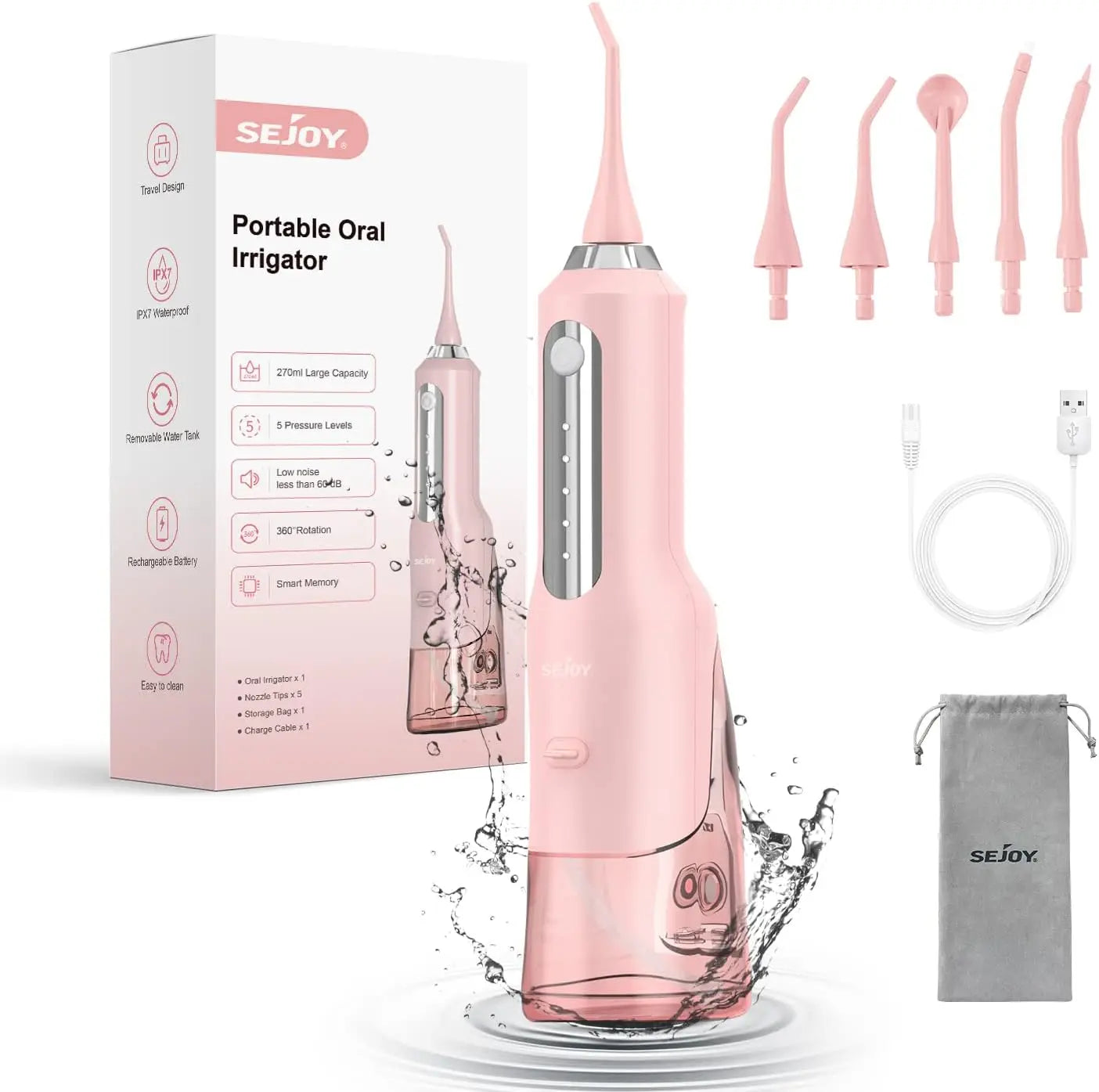 Sejoy Water Flosser Teeth Cleaner Rechargeable Waterproof Portable Cordless Dental Oral Irrigator, Water flossers for Teeth