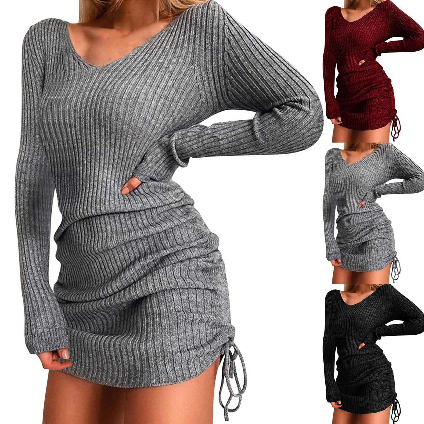 Spring And Winter Women'S V Neck Long Sleeves Slim Thin Hip Dress Warm Sweater Sexy Hip Package Club Street Lady Robe Vestido