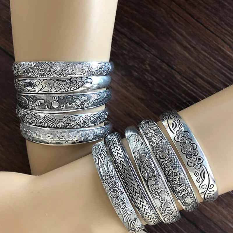 Retro Opening Bracelet Jewelry Vintage Tibetan Silver Totem Carved Bangle Cuff