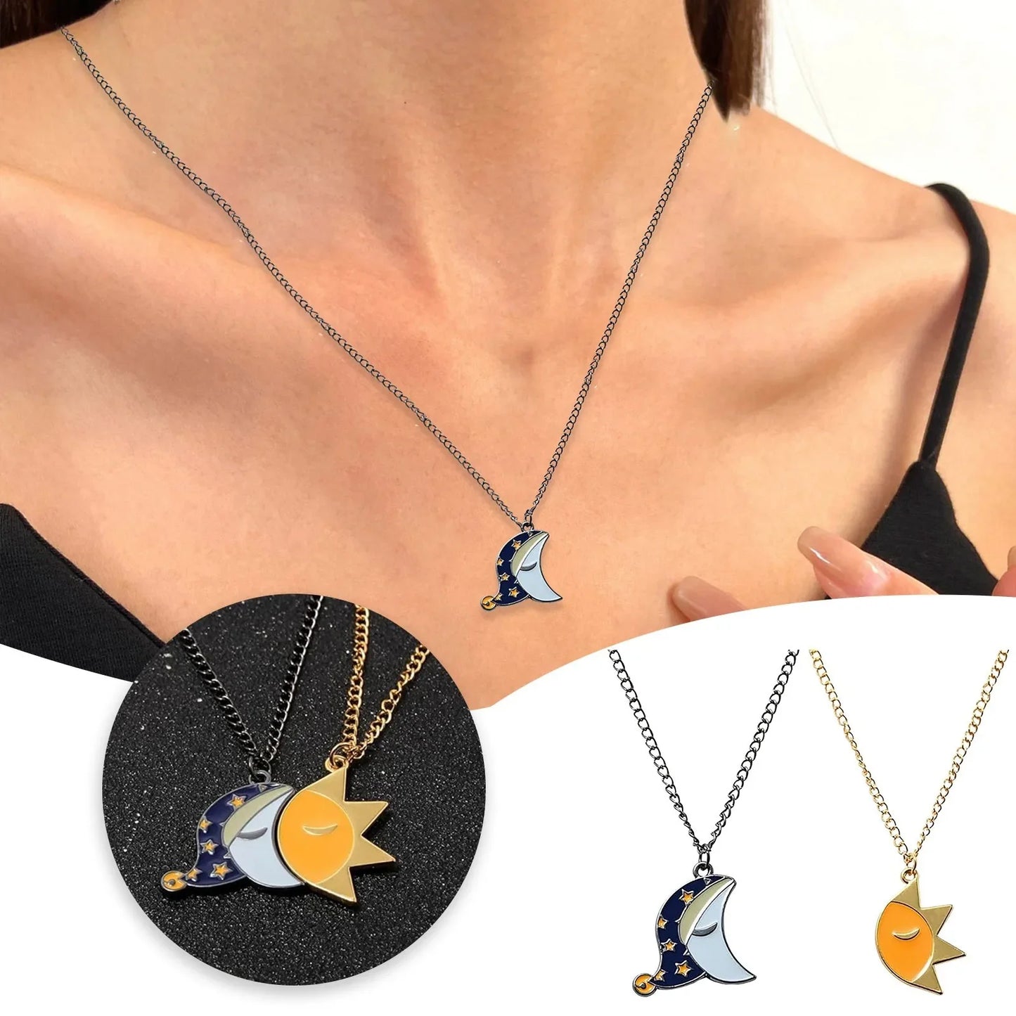 Mountain Necklace Couple Sun And Moon Patchwork Cartoon Necklace Sun And Moon Metal Drip Oil Couple Mother Daughter Necklaces