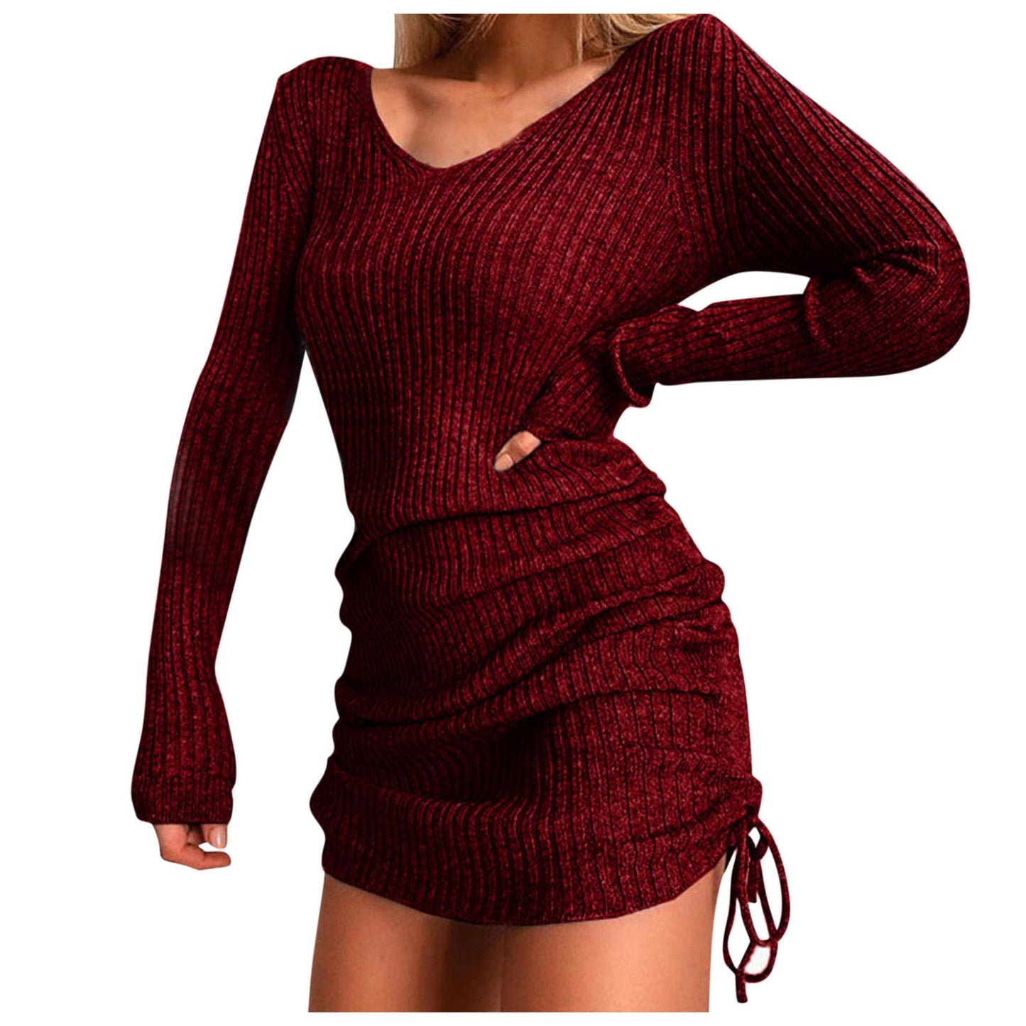 Spring And Winter Women'S V Neck Long Sleeves Slim Thin Hip Dress Warm Sweater Sexy Hip Package Club Street Lady Robe Vestido