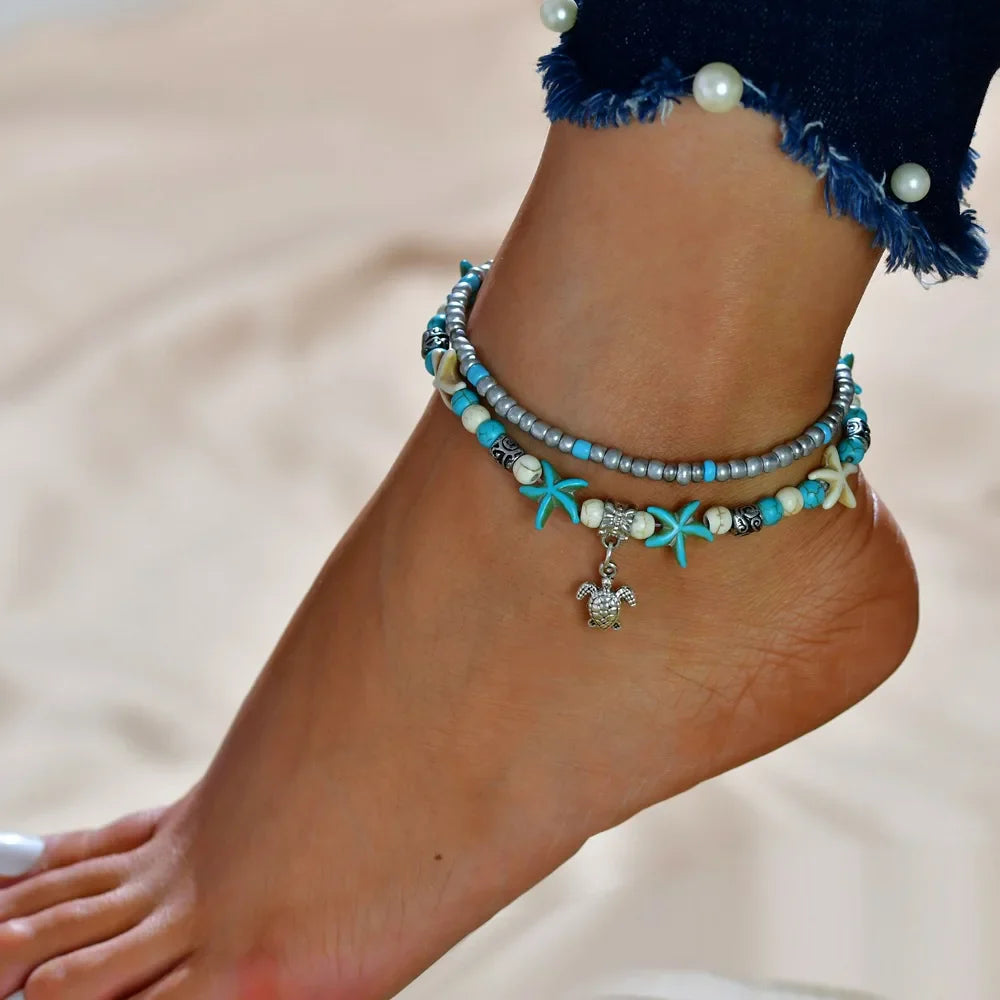 Boho Summer Beach Anklets For Women Turtle Shell Starfish Tree of Life Elephant Ankle Bracelet Multilayer Chain On Foot Jewelry