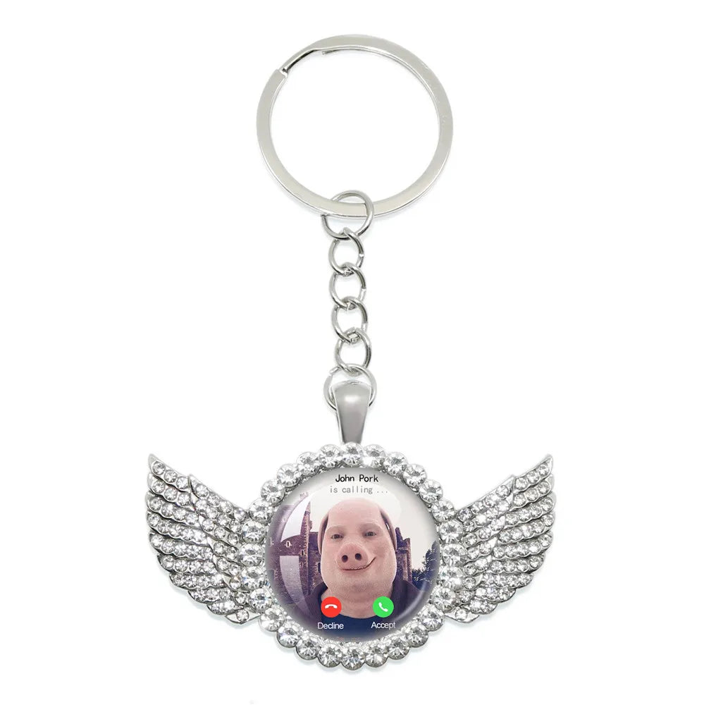 New John Pork Is Calling Answer Call Phone Humor Funny Pig Lover Graphic Meme Glass Dome Pendant Cabochon Keychain Jewelry Gifts