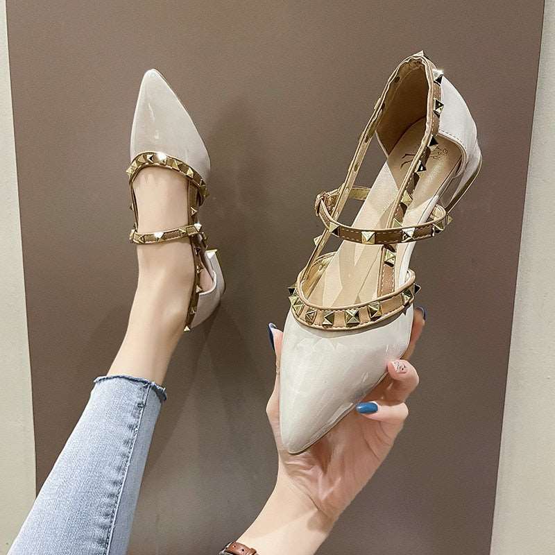 New High Heels Pointed Toe Buckle Rivets Summer Sexy Mules Fashion All-match Net Red Banquet Thick Heels Women's High Heels