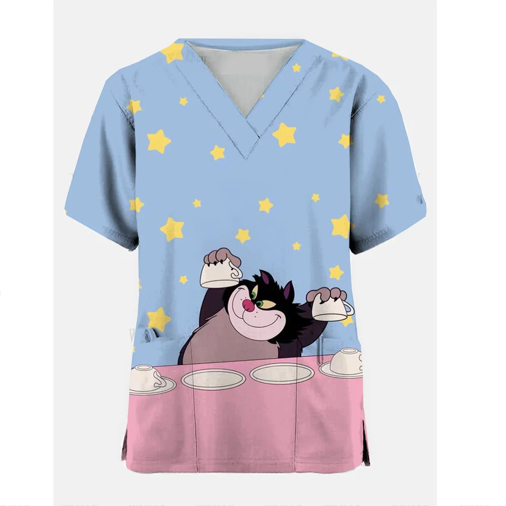 Disney Cheshire Cat Uniform Blouse Women Pullovers Nurse Uniform Working Casual Tops Scrub Nursing Nurse Medical Uniforms Shirts