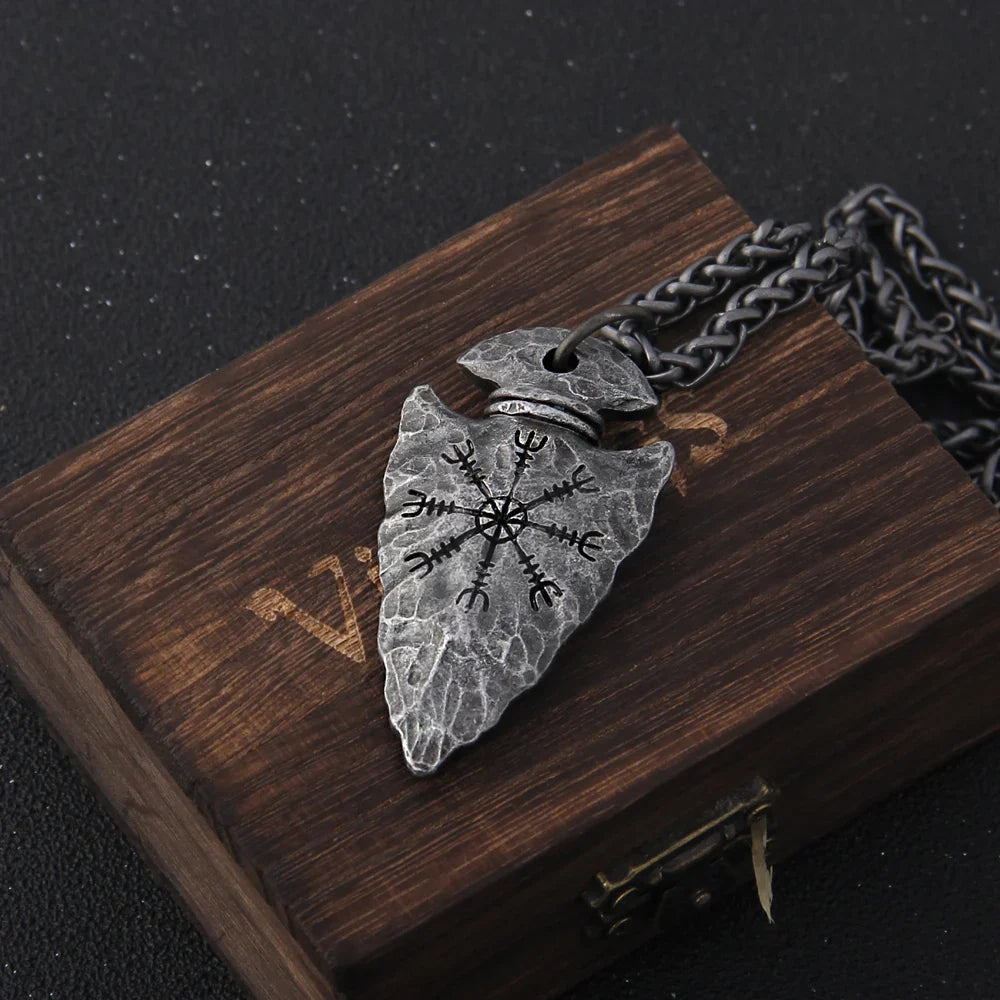 Odin Valknut Rune Necklace - vikings spear Men's Stainless Steel Necklace in Wooden Box
