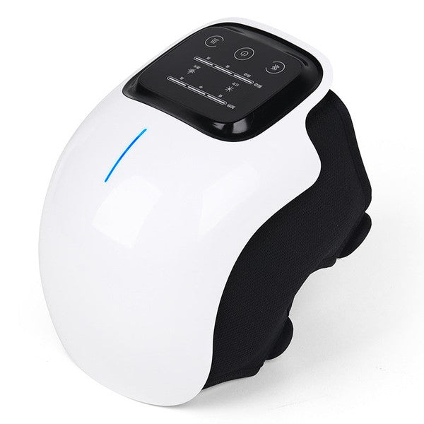Ergonomic, fully-wrapped smart knee massager device featuring a wireless design, pulse technology, and hot compress therapy for joint pain relief and recovery.