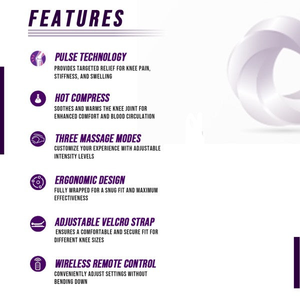 Ergonomic, fully-wrapped smart knee massager device featuring a wireless design, pulse technology, and hot compress therapy for joint pain relief and recovery.