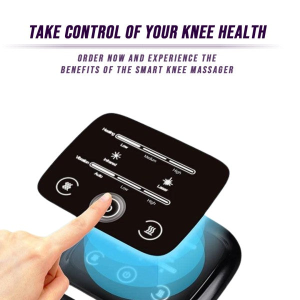 Ergonomic, fully-wrapped smart knee massager device featuring a wireless design, pulse technology, and hot compress therapy for joint pain relief and recovery.
