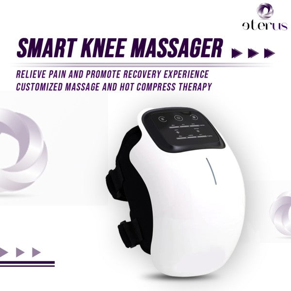 Ergonomic, fully-wrapped smart knee massager device featuring a wireless design, pulse technology, and hot compress therapy for joint pain relief and recovery.
