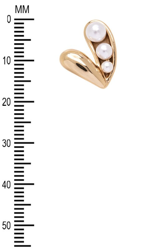 Gold earrings with a unique design. Each earring has a curved gold shape like a half-moon or a "C" facing downwards, with three pearls of different sizes set inside the curve. The background is plain white.