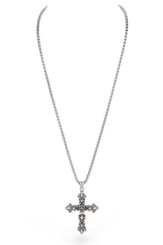 Metallic cross pendant necklace featuring ornate fleur-de-lis accents at each end and intricate central detailing with small cross motifs, vintage, gothic-inspired, and rich in symbolic craftsmanship.