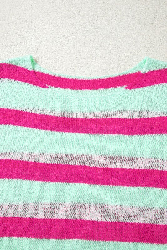Close-up of soft knit fabric on Stripe Round Neck Sweater.