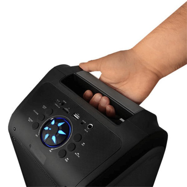 A tall portable speaker with colorful vertical LED lights, paired with a wired microphone and remote control—ideal for events, karaoke, or public speaking.