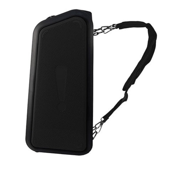 A tall portable speaker with colorful vertical LED lights, paired with a wired microphone and remote control—ideal for events, karaoke, or public speaking.
