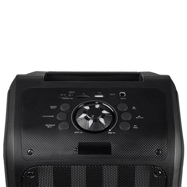 A tall portable speaker with colorful vertical LED lights, paired with a wired microphone and remote control—ideal for events, karaoke, or public speaking.