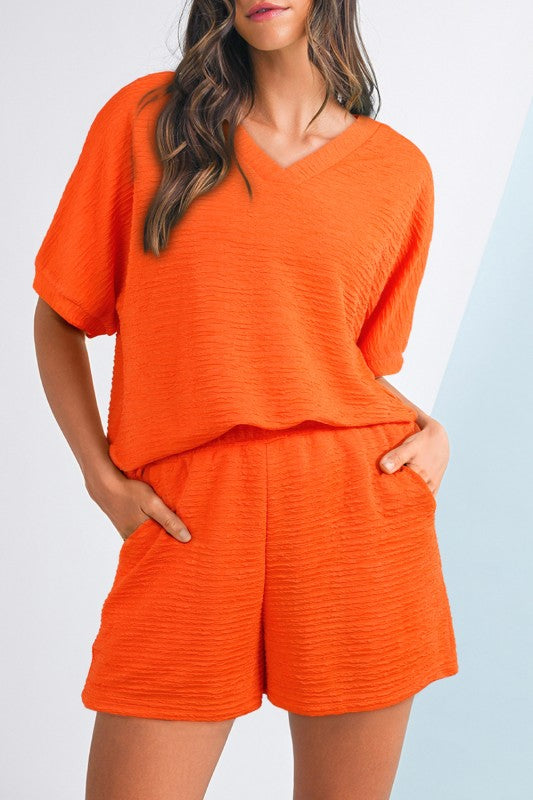 Textured V-Neck Tee & Shorts Set