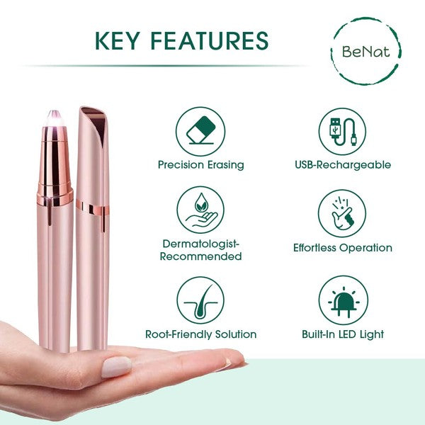 The Effortless Beauty Kit: A rechargeable 3-piece set displayed, including an electric facial hair remover, an electric eyebrow razor, and a heated eyelash curler.