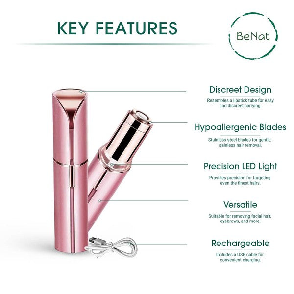 The Effortless Beauty Kit: A rechargeable 3-piece set displayed, including an electric facial hair remover, an electric eyebrow razor, and a heated eyelash curler.
