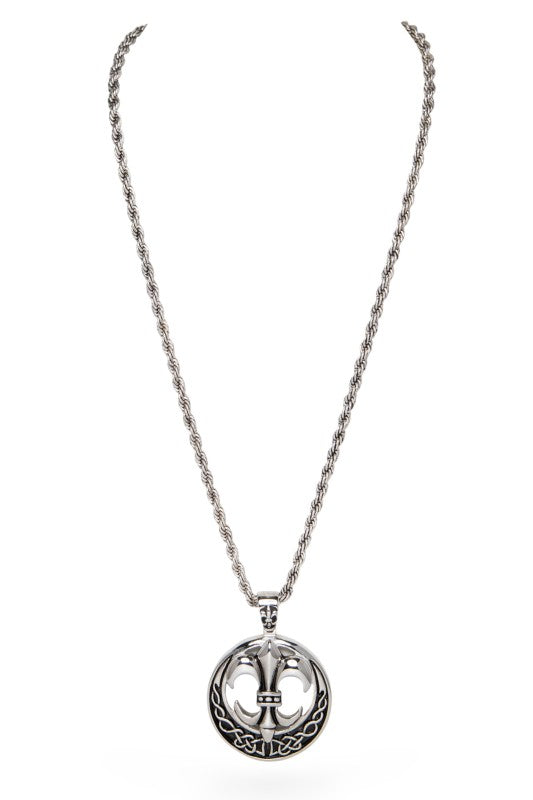 Fleur-de-lis pendant necklace with Celtic knot border on a twisted rope chain, bold, symbolic, and intricately crafted.